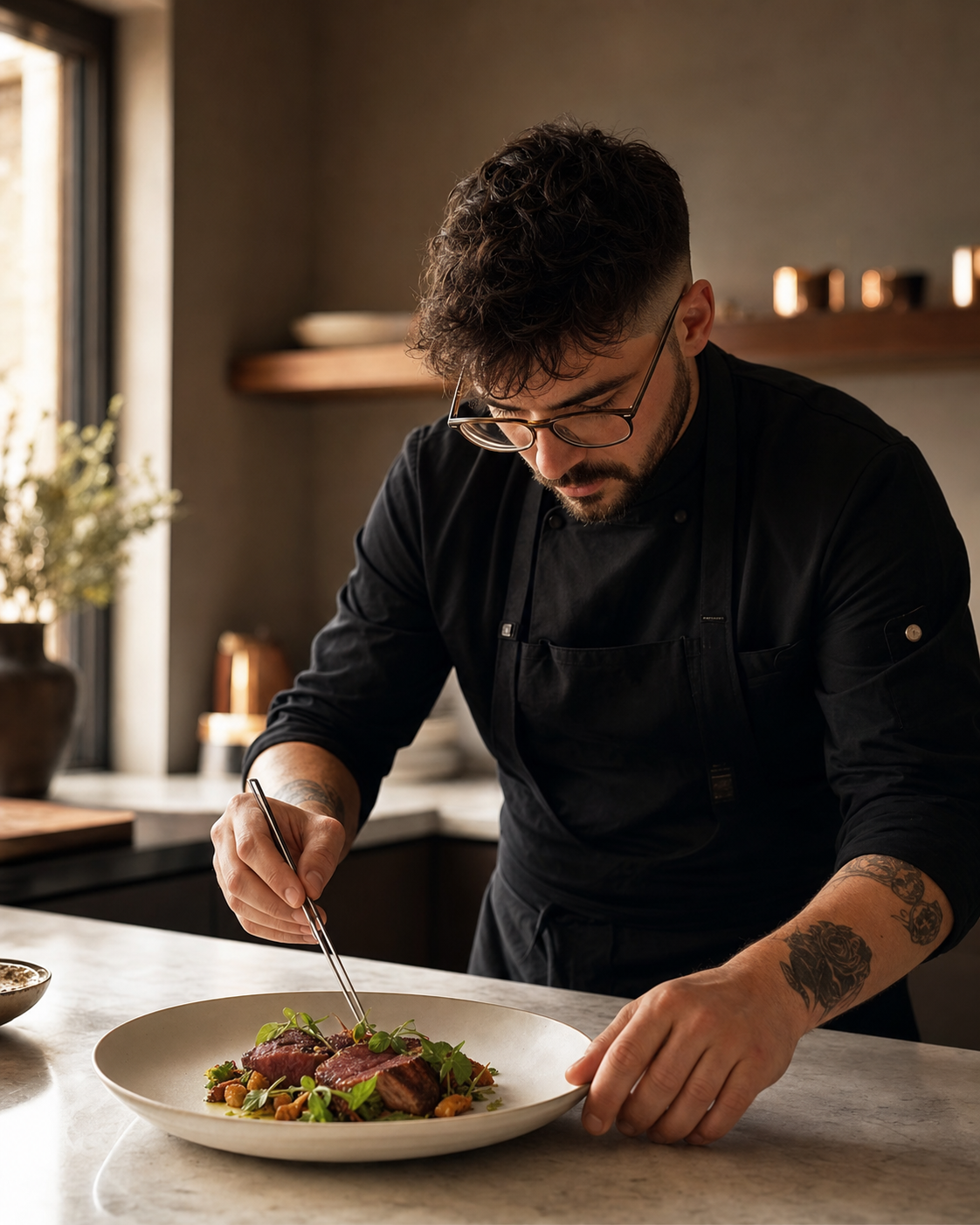 Chef carefully plating a private dinner