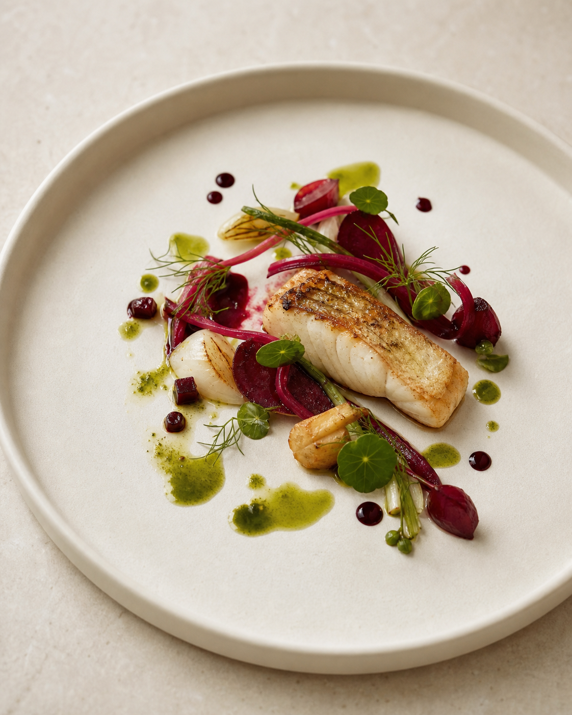 Seasonal fish course with beetroot and herbs
